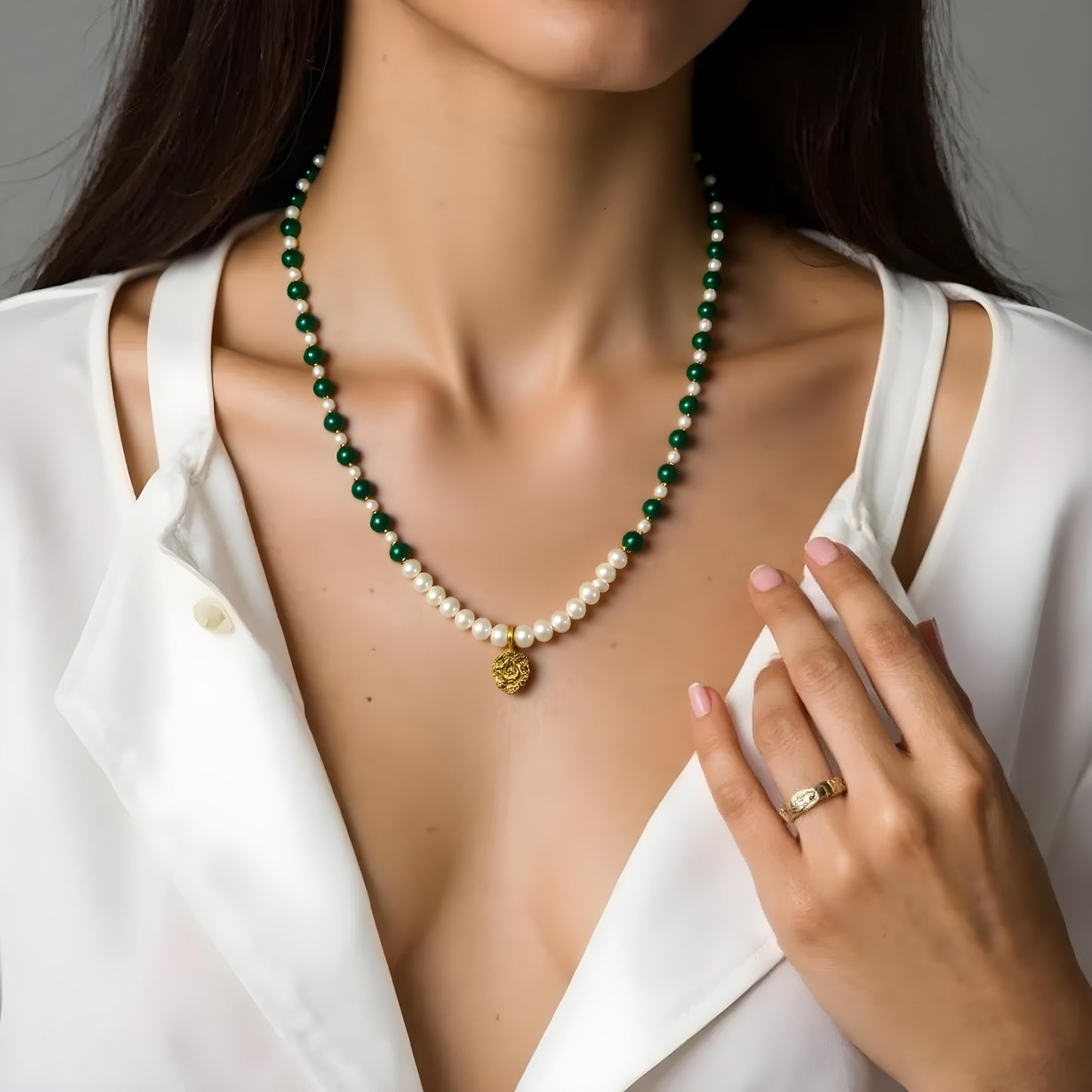 Malachite and freshwater pearl necklace with gold coin pendant