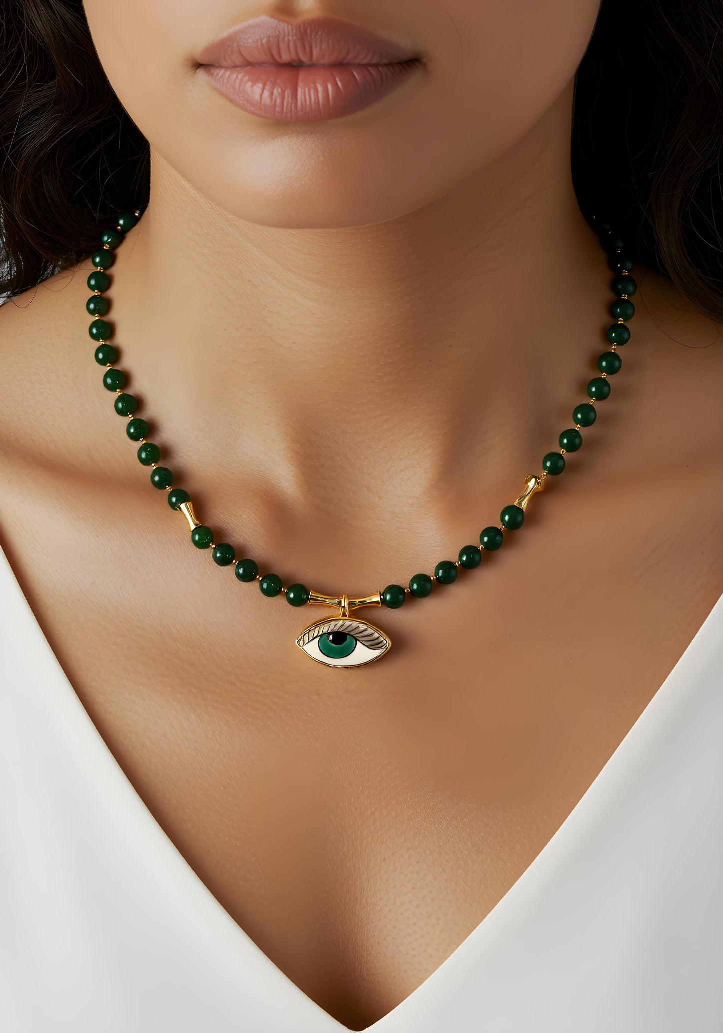 Emerald jade and gold necklace with hand-painted evil eye pendant