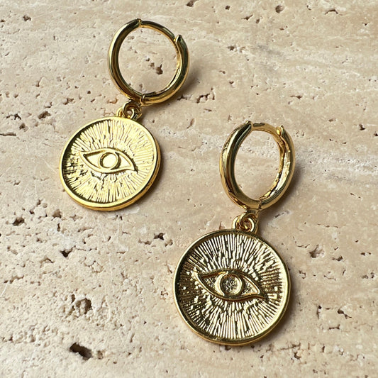 Gold engraved evil eye medallion hoop earrings