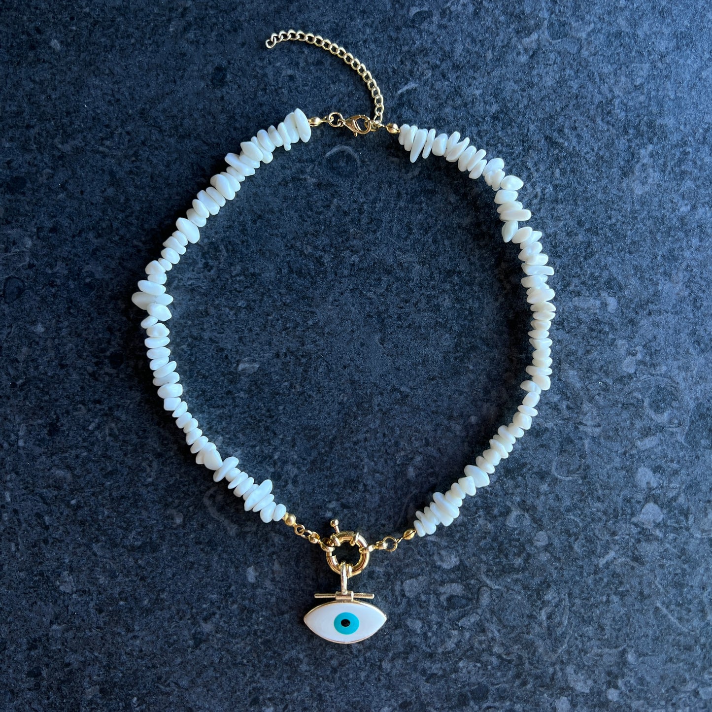 Moonstone necklace with gold enamel evil eye pendant