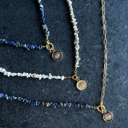 Lapis lazuli necklace with gold navy enamel evil eye pendant
