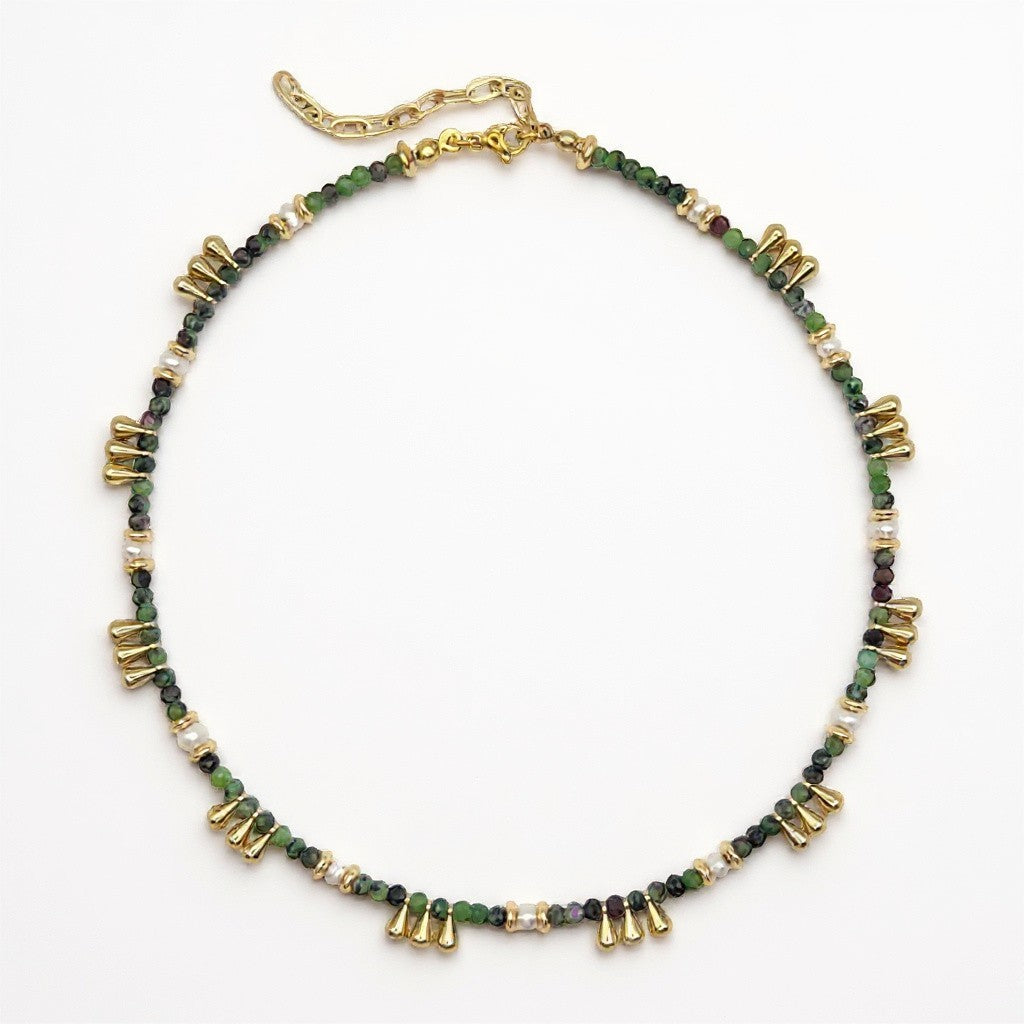 Anyolite (ruby zoisite) necklace with freshwater pearls and gold-plated drop charms
