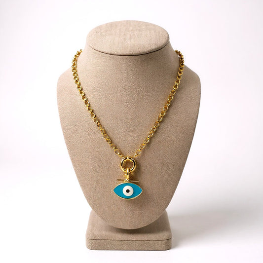 Gold-plated chain necklace with turquoise enamel evil-eye pendant