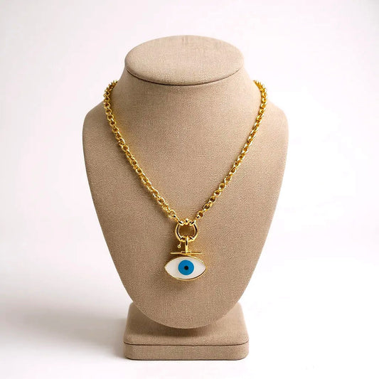 Gold chain necklace with white enamel evil-eye pendant