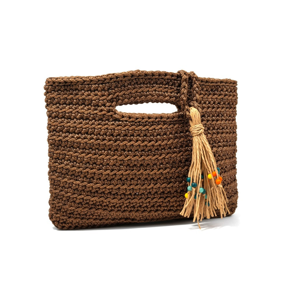 Handcrafted Porto Terra Bag in chocolate brown with straw tassel charm