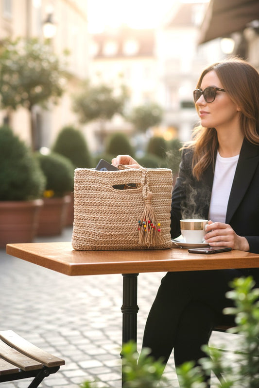 Handcrafted Luma Nude Bag with straw texture and colorful tassel charm