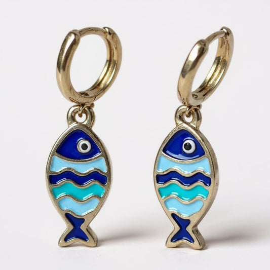 Gold-plated hoop earrings with cobalt, turquoise, and aqua fish charms and evil eye detail