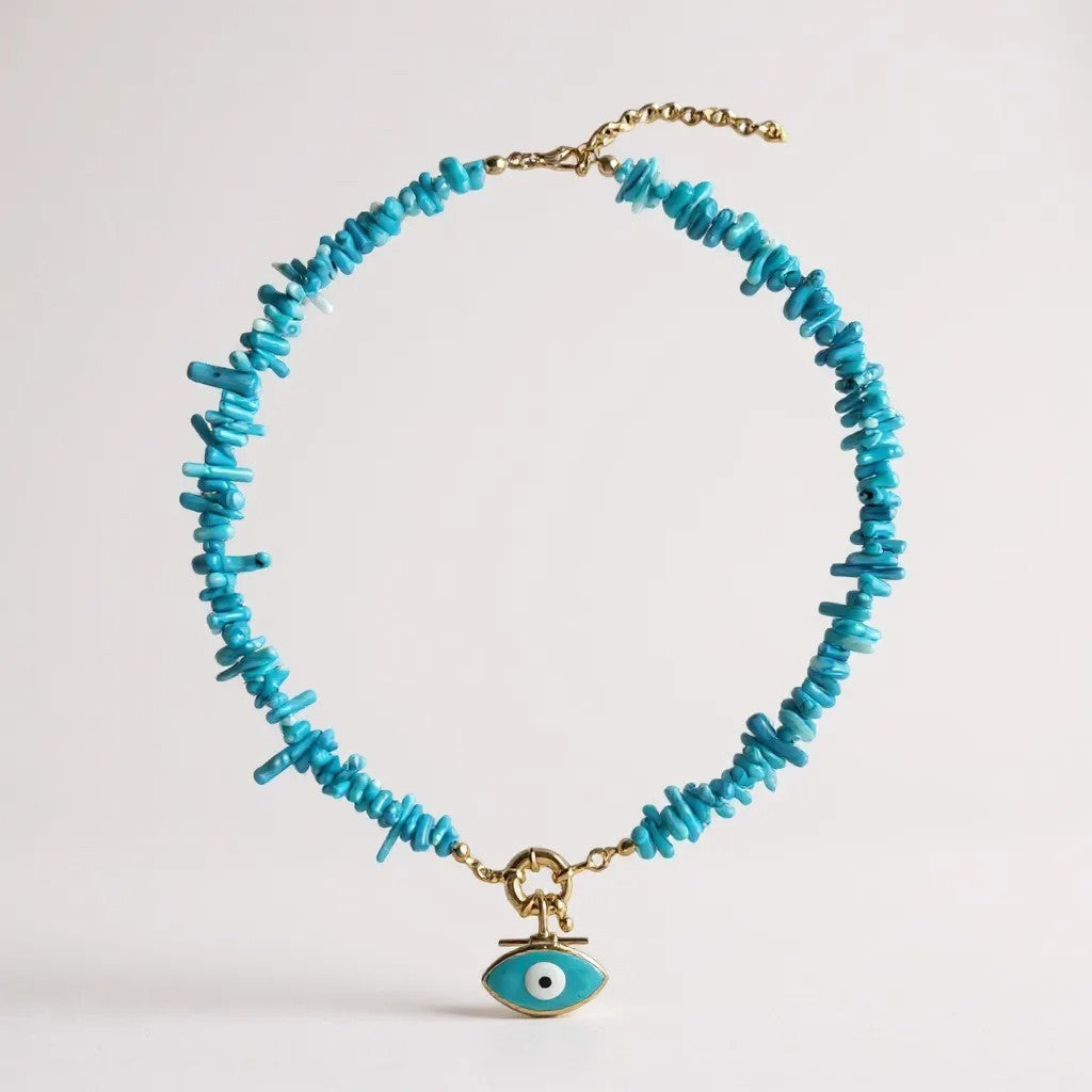 Turquoise chip necklace with gold enamel evil eye pendant