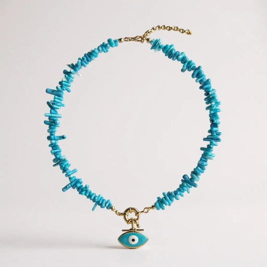 Turquoise chip necklace with gold enamel evil eye pendant