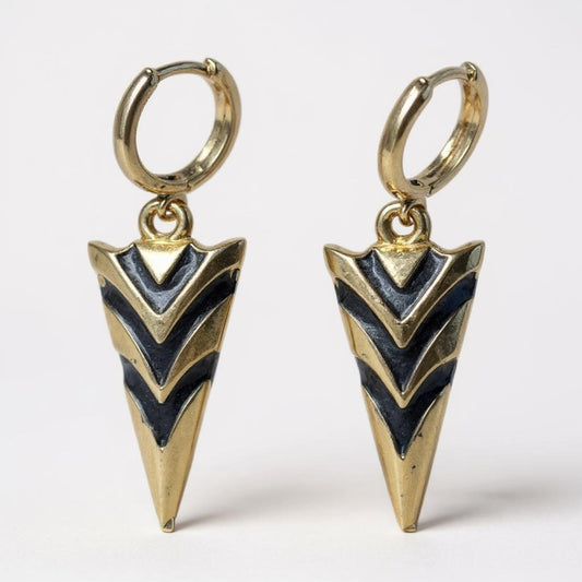 Gold arrowhead hoop earrings with black enamel chevron design