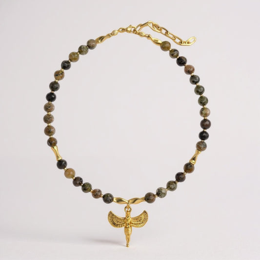 Jade necklace with gold Isis winged pendant