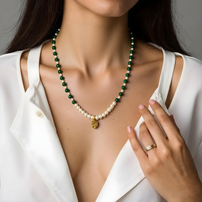 Malachite and freshwater pearl necklace with gold coin pendant