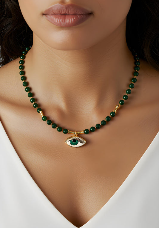 Emerald jade and gold necklace with hand-painted evil eye pendant
