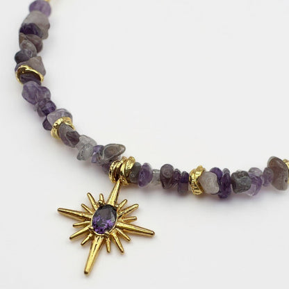 Amethyst chip necklace with gold starburst pendant