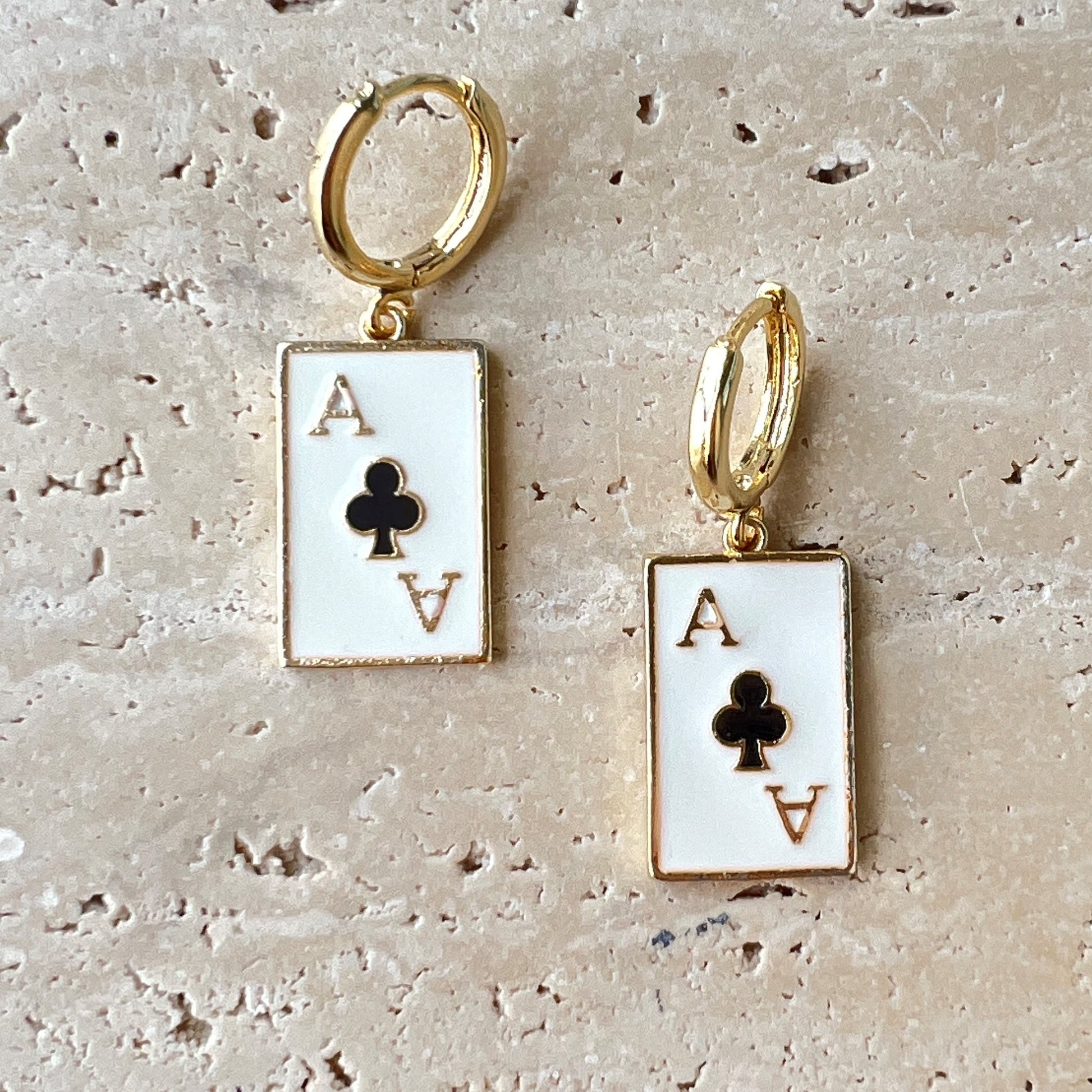 Gold-plated hoop earrings with Ace of Clubs enamel charm