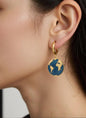 Gold-plated hoop earrings with navy enamel globe charm