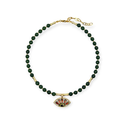 Emerald jade and gold necklace with red sunburst evil eye pendant