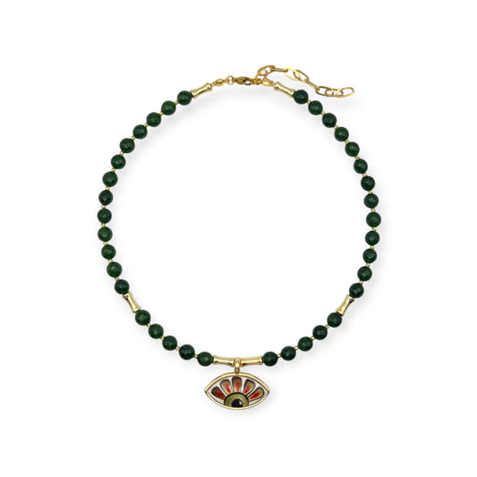 Emerald jade and gold necklace with red sunburst evil eye pendant