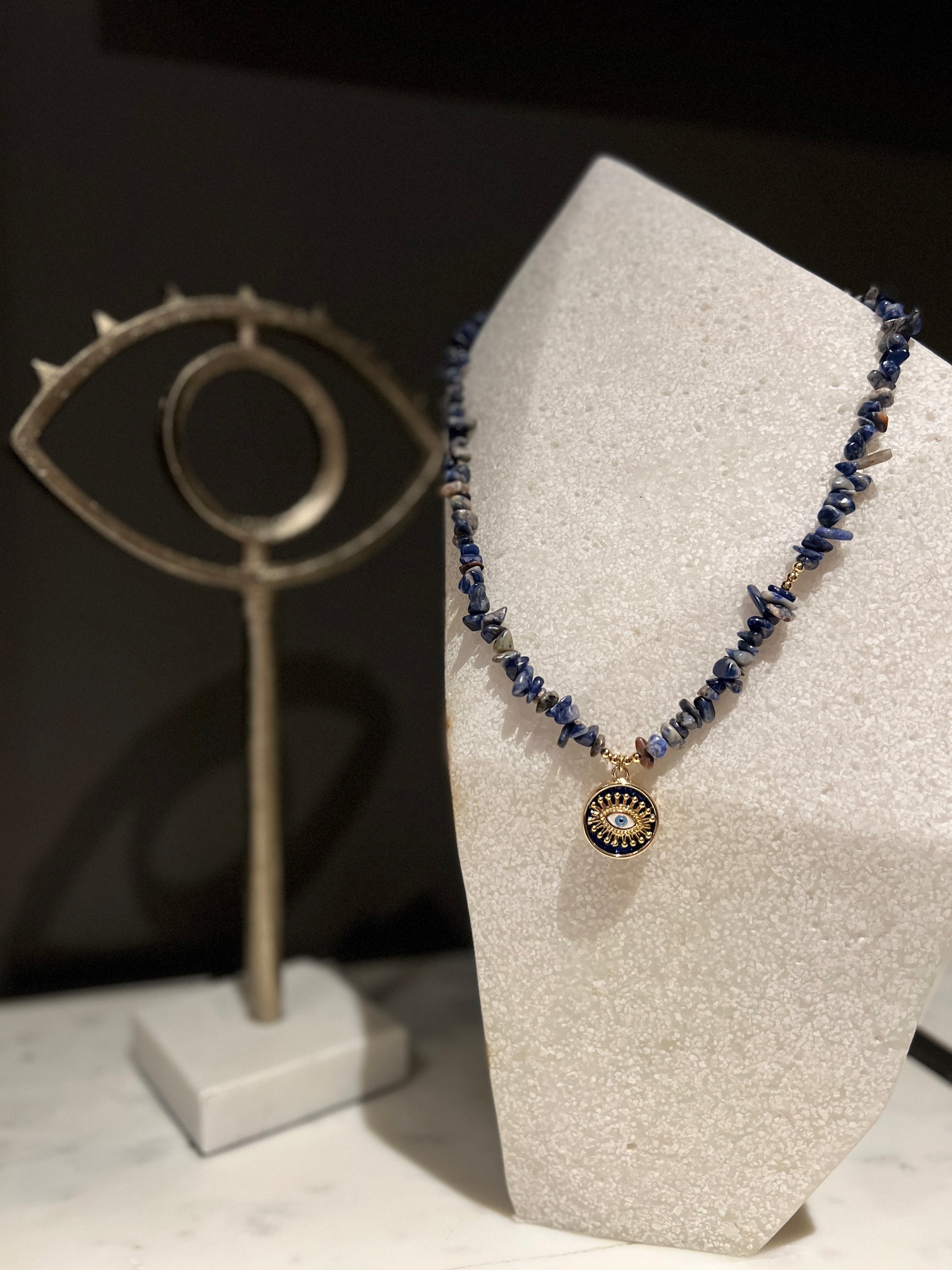 Lapis lazuli necklace with gold navy enamel evil eye pendant