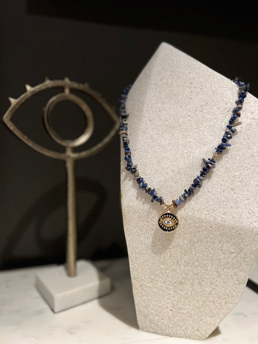 Lapis lazuli necklace with gold navy enamel evil eye pendant