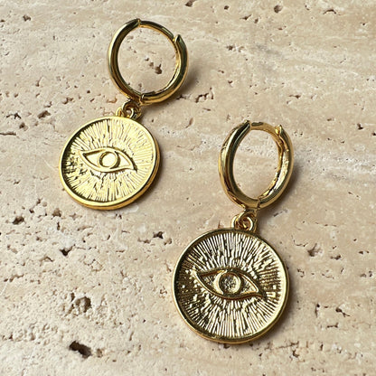Gold engraved evil eye medallion hoop earrings