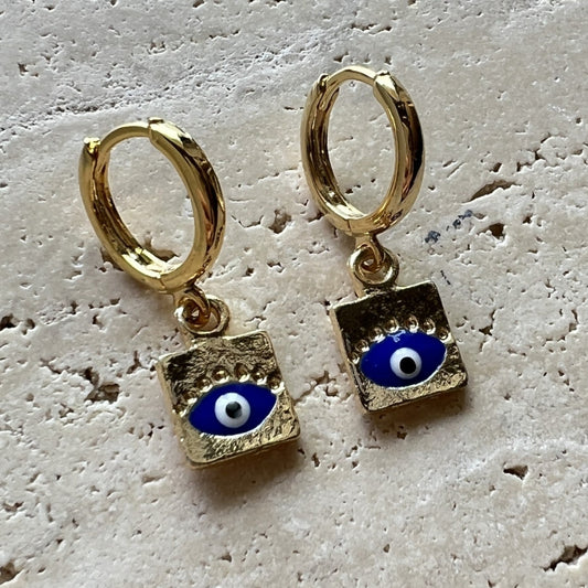 Gold square blue enamel evil eye charm hoop earrings