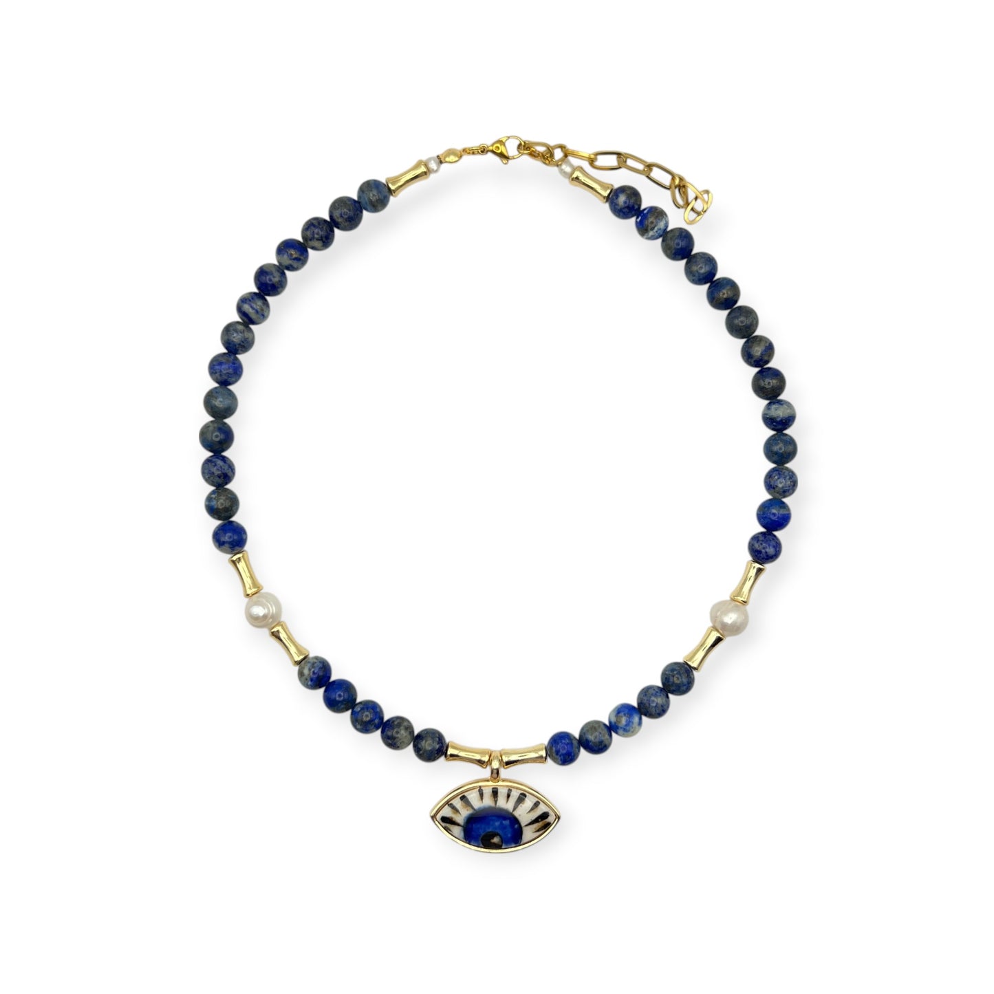 Lapis lazuli and pearl necklace with gold-plated sunburst evil eye pendant