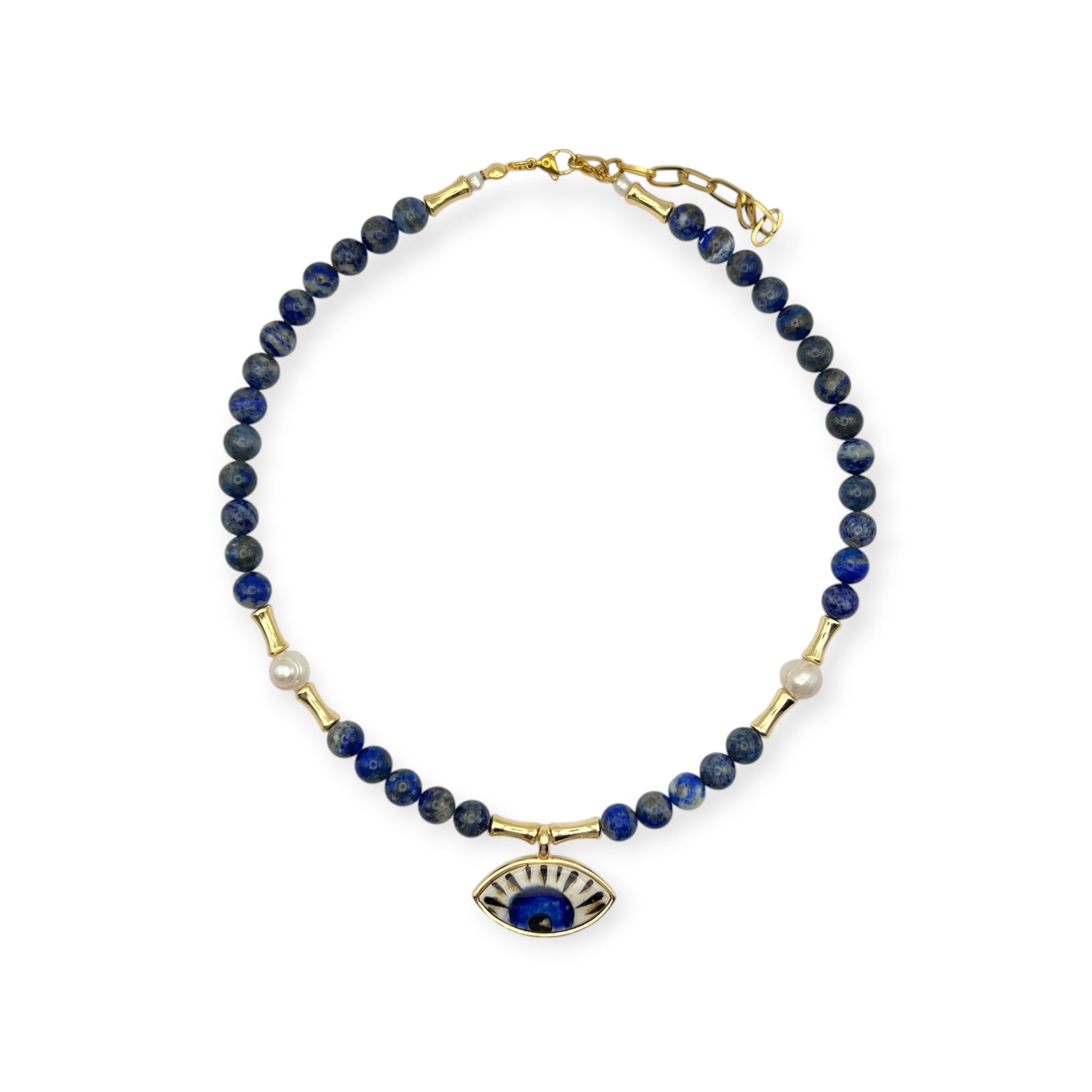Lapis lazuli and pearl necklace with gold-plated sunburst evil eye pendant