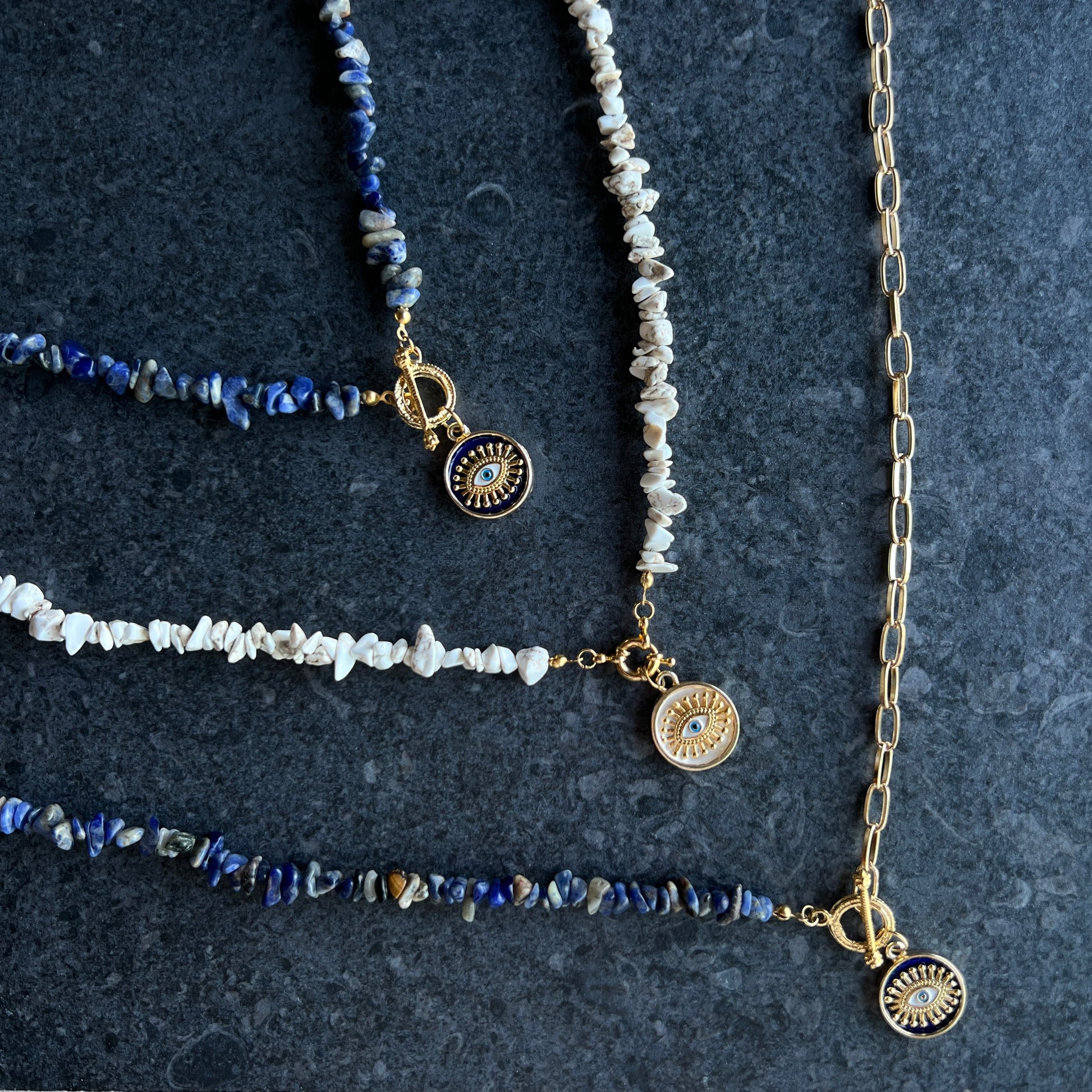 Lapis lazuli necklace with gold navy enamel evil eye pendant