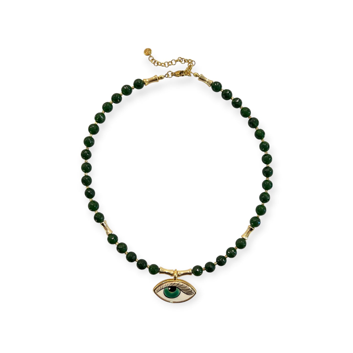 Emerald jade and gold necklace with hand-painted evil eye pendant