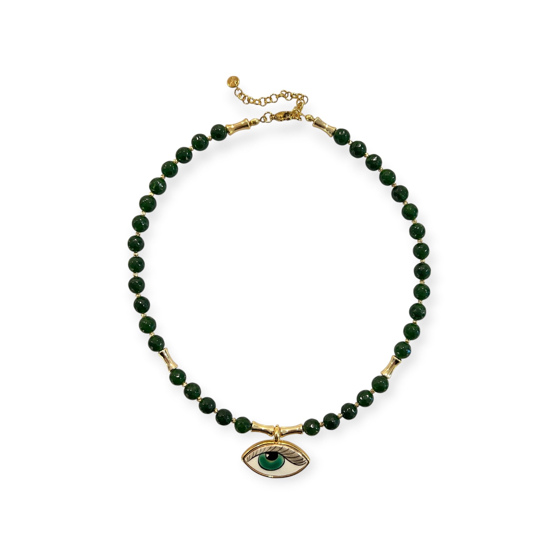 Emerald jade and gold necklace with hand-painted evil eye pendant