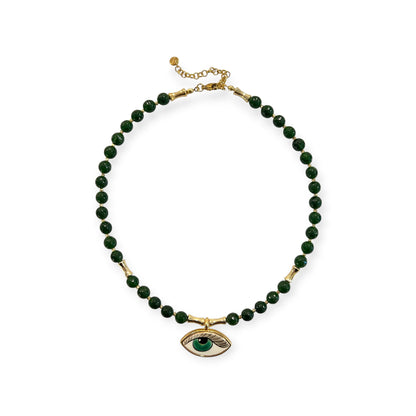 Emerald jade and gold necklace with hand-painted evil eye pendant