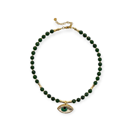 Emerald jade and gold necklace with hand-painted evil eye pendant