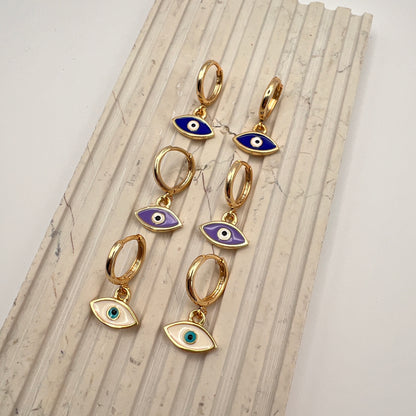 Gold-plated hoop earrings with white enamel evil eye charm