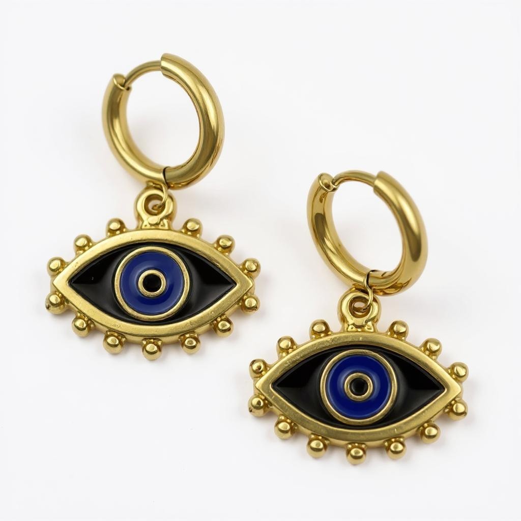 Gold-plated hoop earrings with deep blue and black evil eye charm