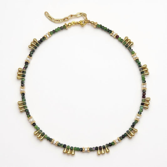 Anyolite (ruby zoisite) necklace with freshwater pearls and gold-plated drop charms