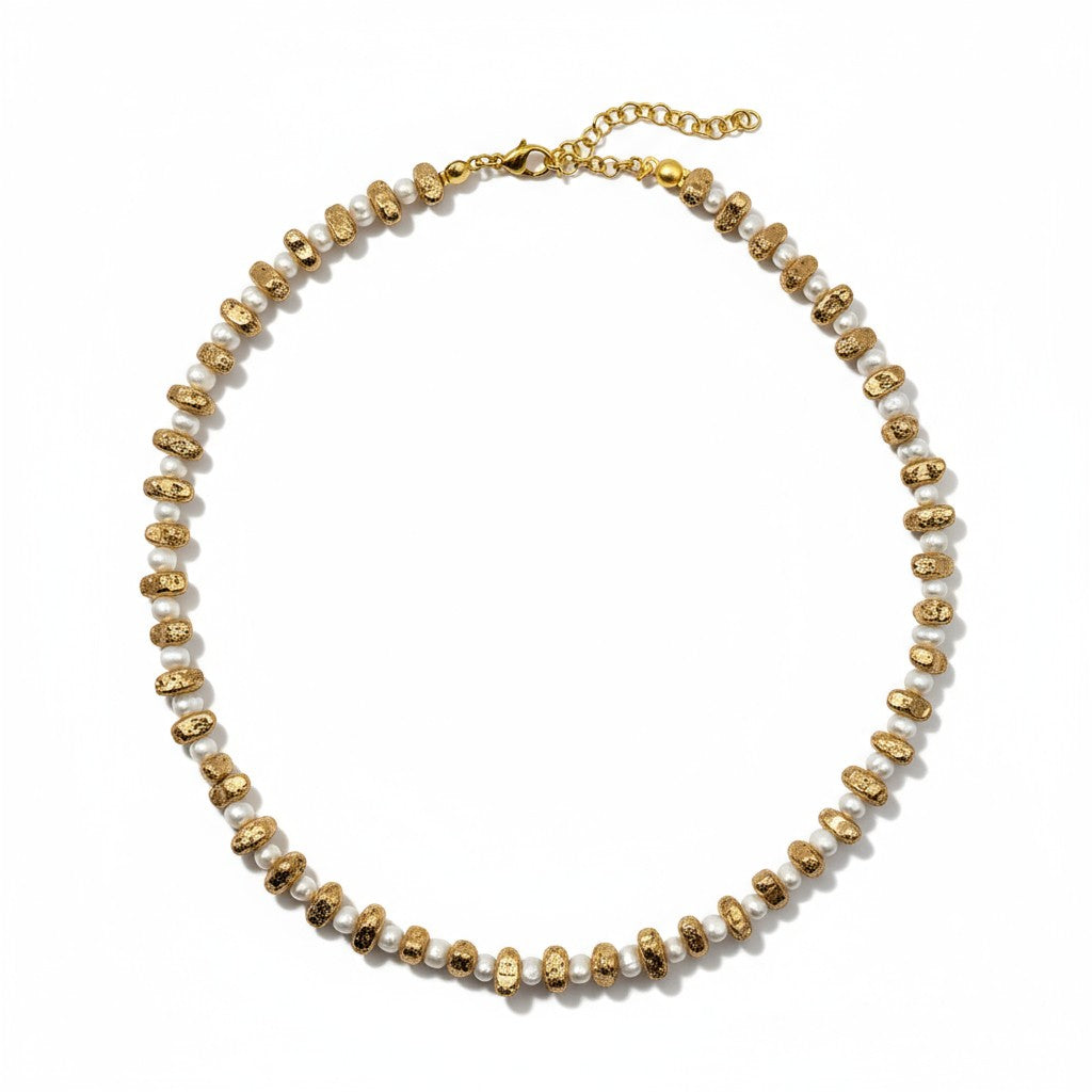 Lava stone and freshwater pearl necklace inspired by Mediterranean volcanic landscapes
