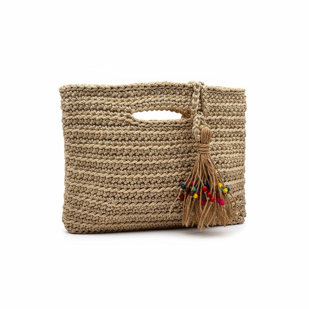 Handcrafted Luma Nude Bag with straw texture and colorful tassel charm