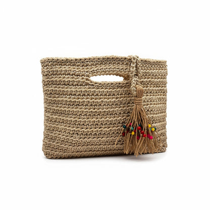 Handcrafted Luma Nude Bag with straw texture and colorful tassel charm