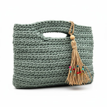 Handwoven Amalfi Teal Bag with built-in handles and straw tassel charm