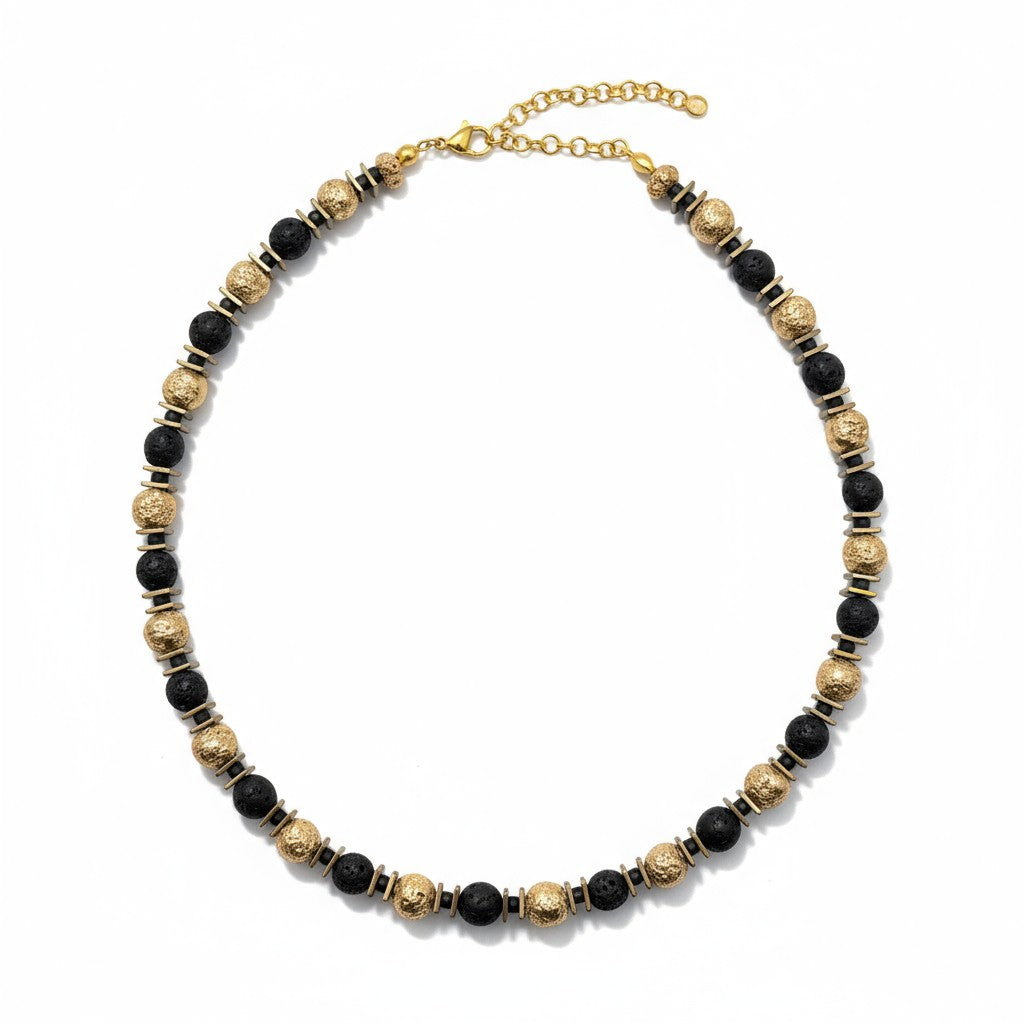 Black lava stone and hematite necklace with subtle gold accents