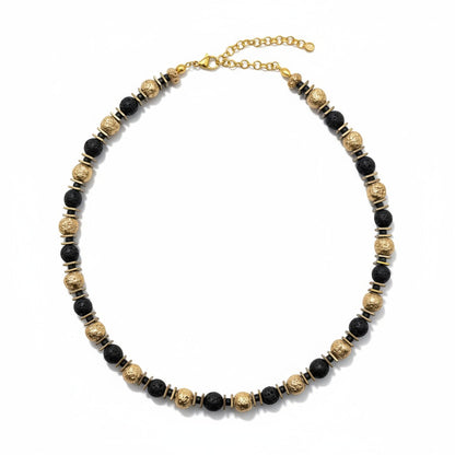 Black lava stone and hematite necklace with subtle gold accents