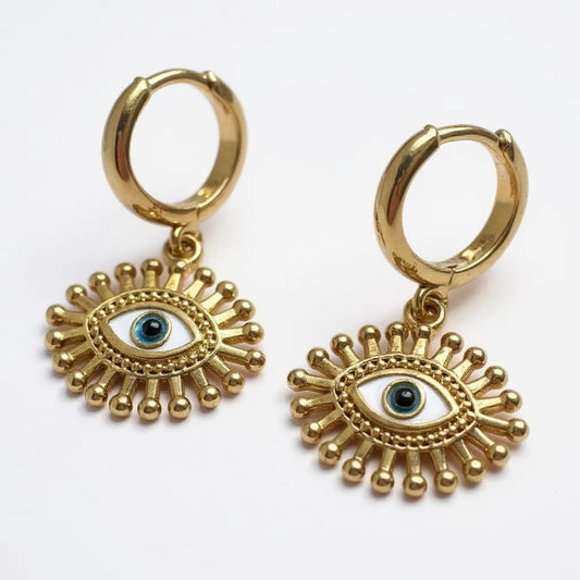 Gold-plated hoop earrings with sunburst blue evil eye pendant