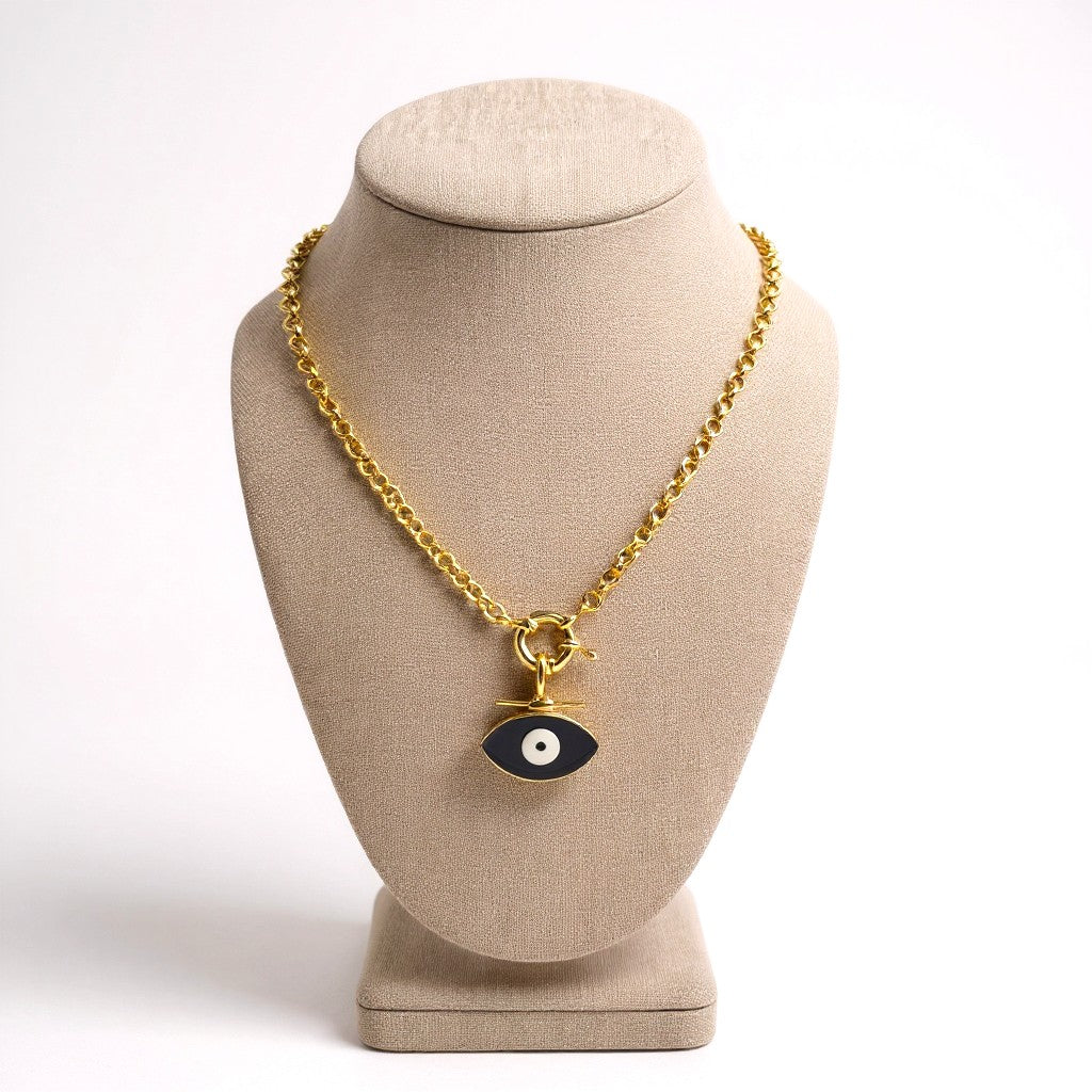 Chunky gold chain necklace with navy enamel evil-eye pendant