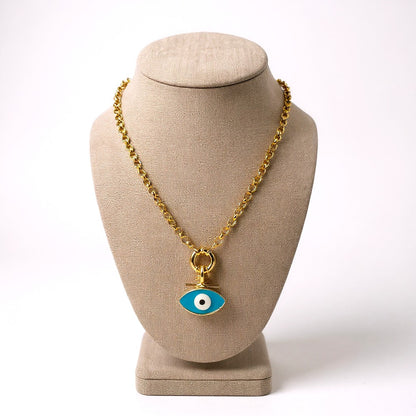 Gold-plated chain necklace with turquoise enamel evil-eye pendant