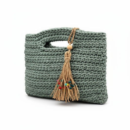 Handwoven Amalfi Teal Bag with built-in handles and straw tassel charm