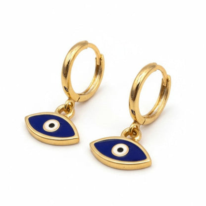 Gold-plated hoop earrings with cobalt blue enamel evil eye charm
