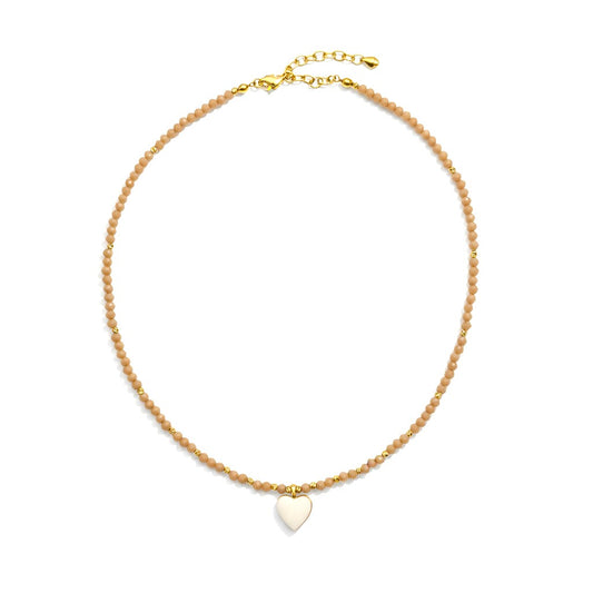 Nude-peach crystal necklace with gold-plated heart charm