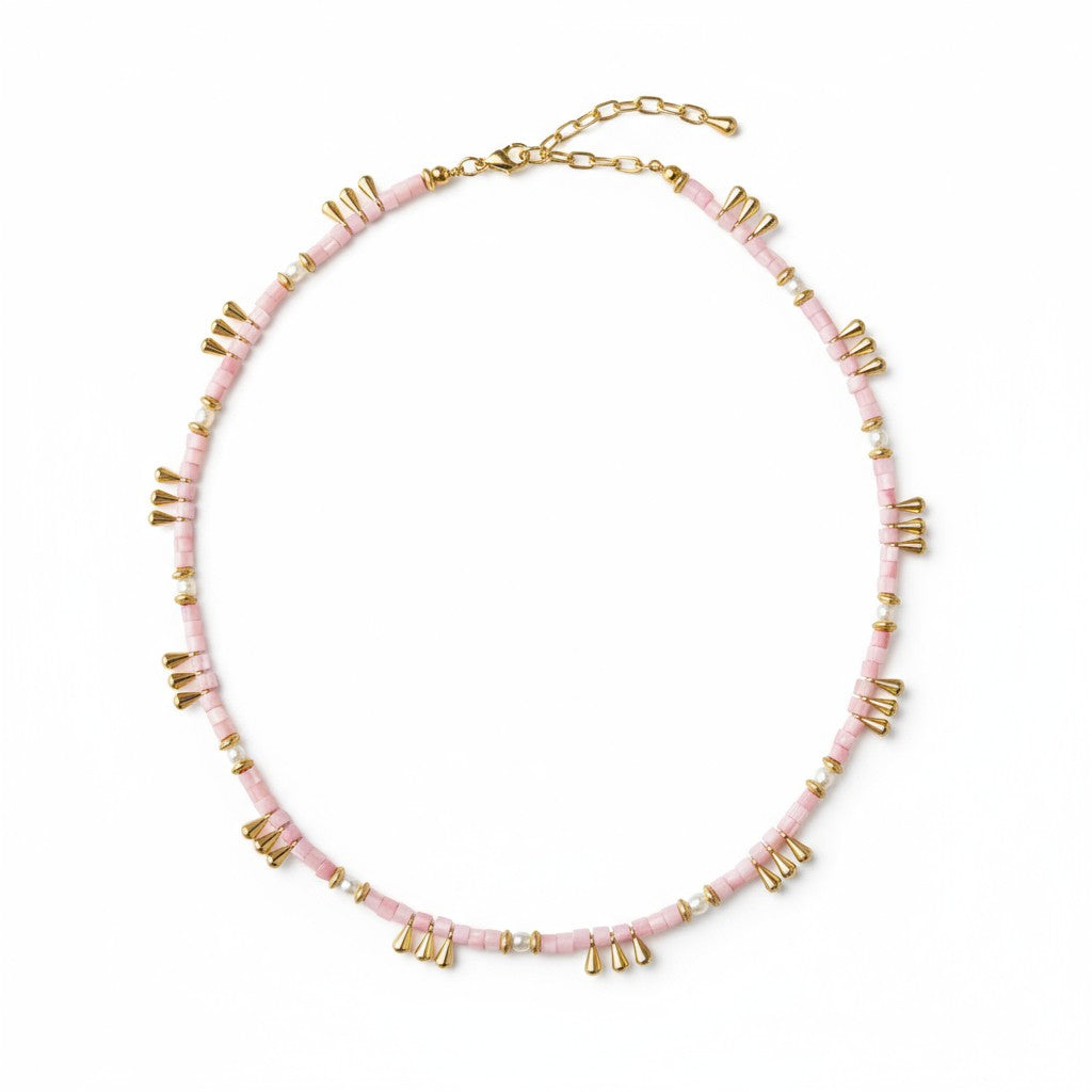 Mother-of-pearl and freshwater pearl necklace with gold-plated drop charms in soft pink tones