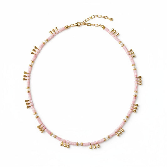 Mother-of-pearl and freshwater pearl necklace with gold-plated drop charms in soft pink tones